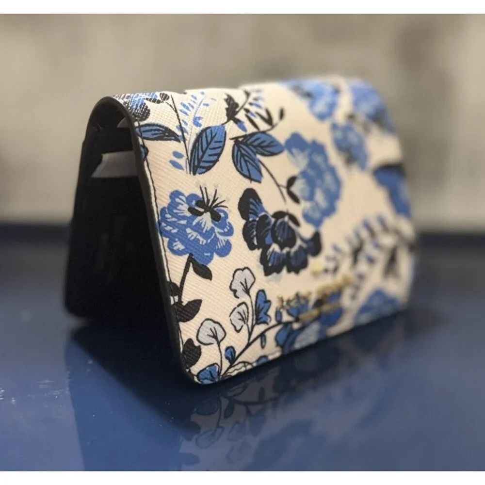 Kate Spade Madison Vase Floral Printed Med Blue White Leather  Wallet